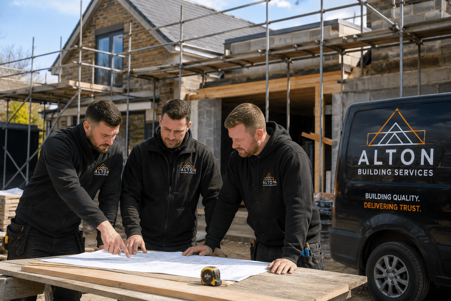 Alton Building Services team members discussing a building project in Yorkshire